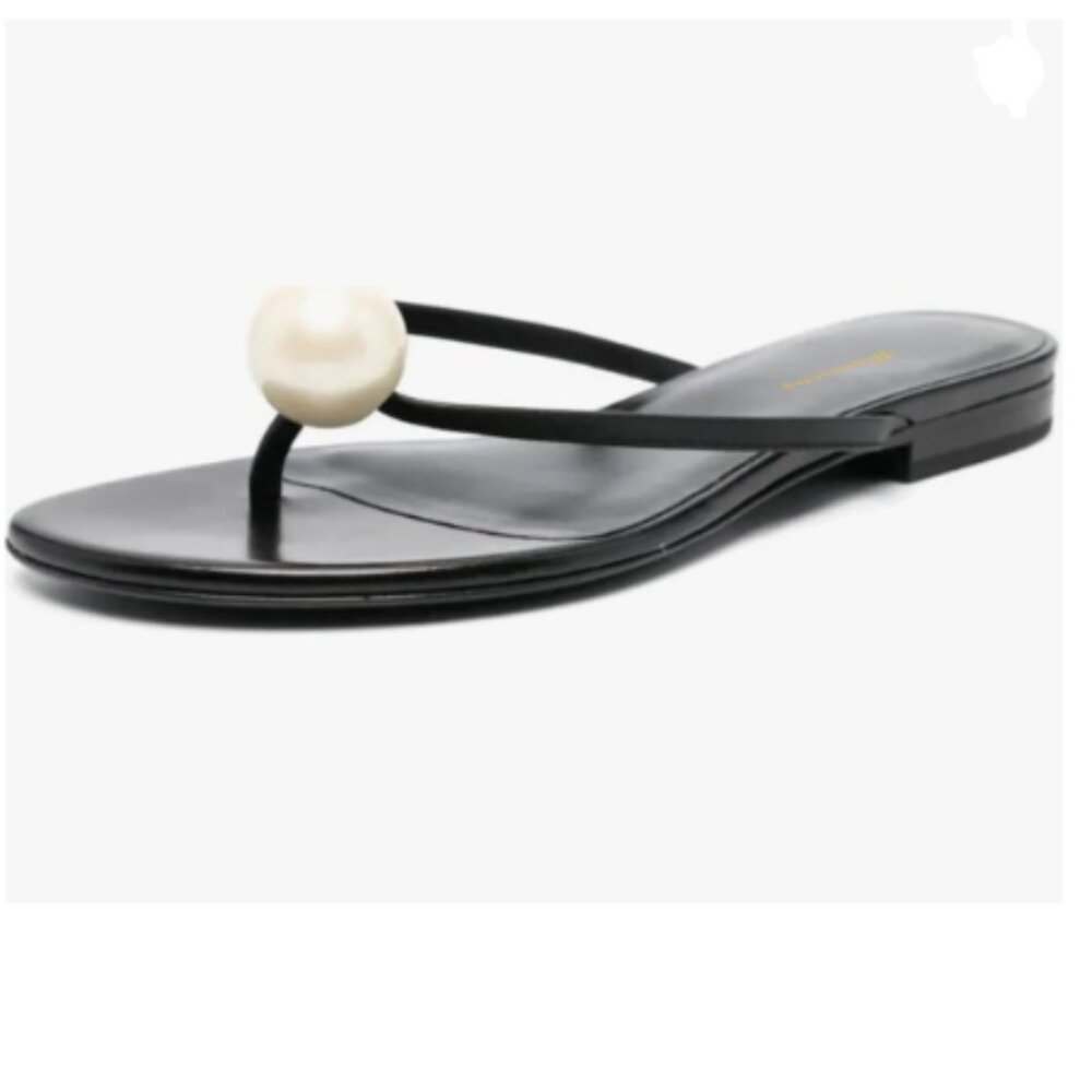 Wansseny Black Versatile Pearl Open Toe Soft Insole Flip Flops Comfy Slip on Bas